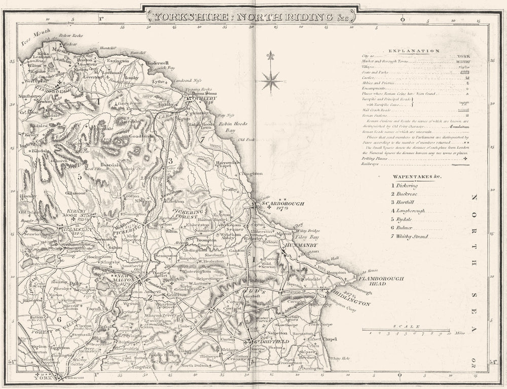 YORKSHIRE NORTH RIDING. County map. Polling places. Coach roads. DUGDALE 1845