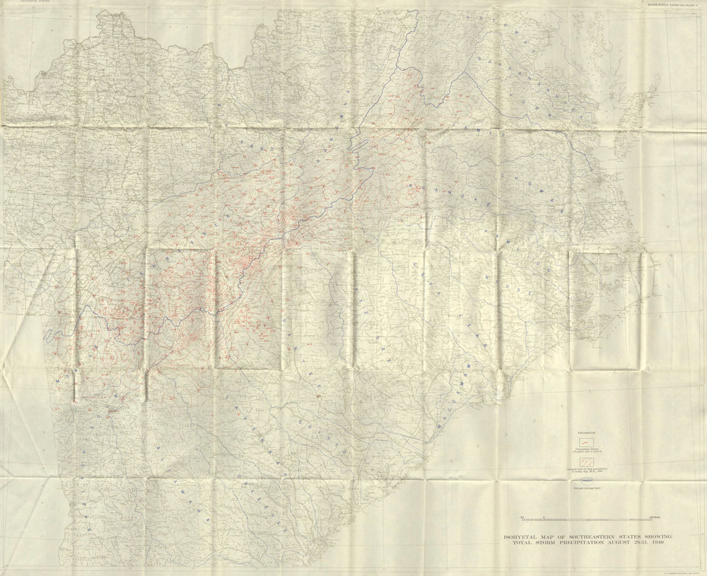USA.28-31 Aug 1940 Floods.Southeastern States.Isohyetal Map precipitation 1948