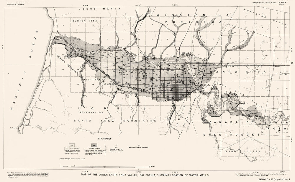 CALIFORNIA. Santa Barbara County. Map Lower Ynez Valley, water wells 1944