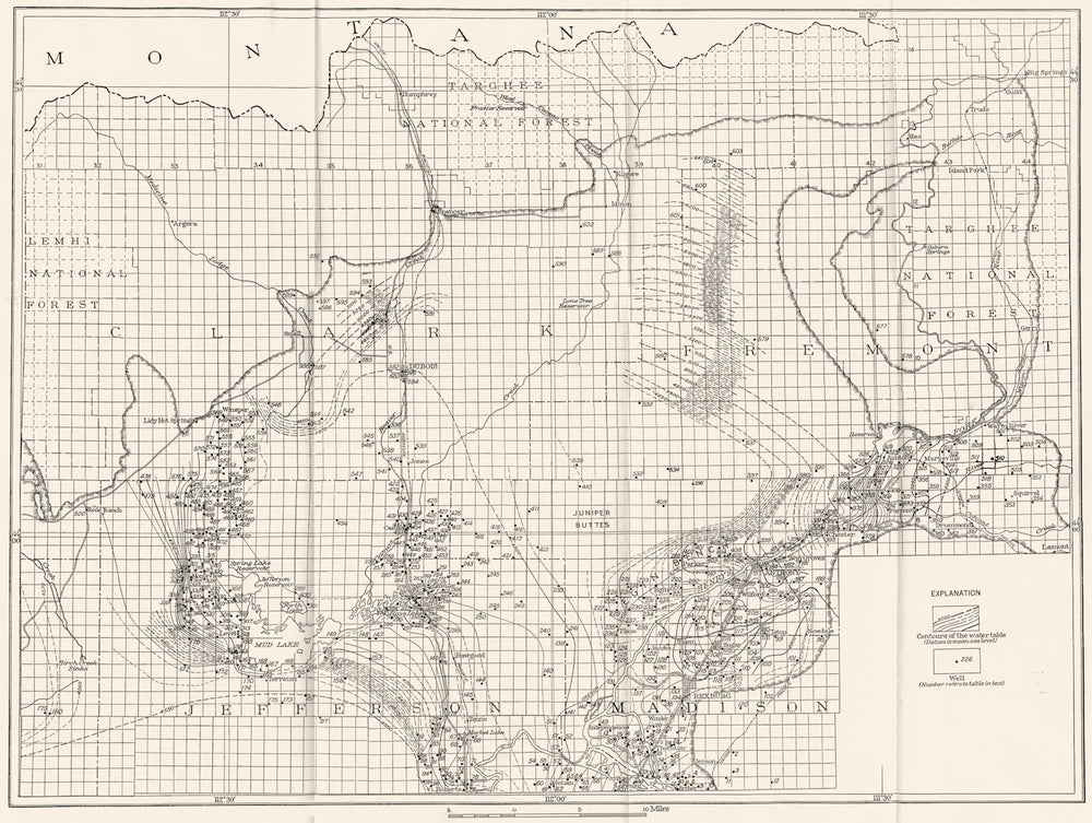 IDAHO 1929. Mud lake region,showing contours water table,well locations 1934 map