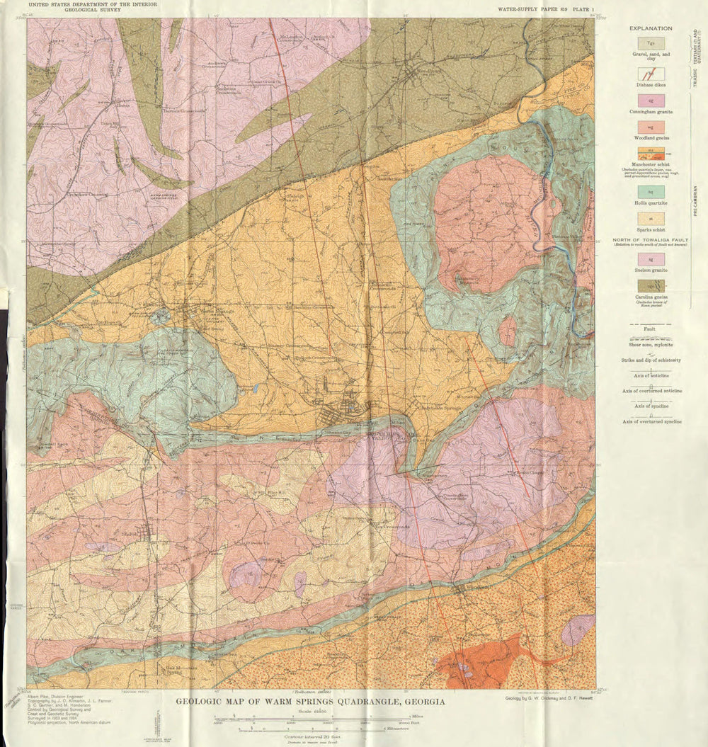 GEORGIA USA. Geological map of warm springs Quadrangle. Manchester 1935