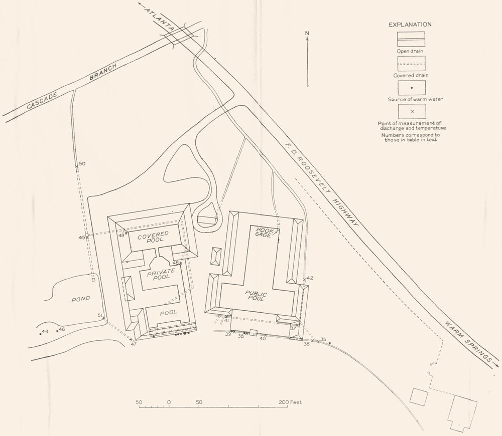 GEORGIA, US. Warm springs area, showing sources of water, pools, drains 1935 map