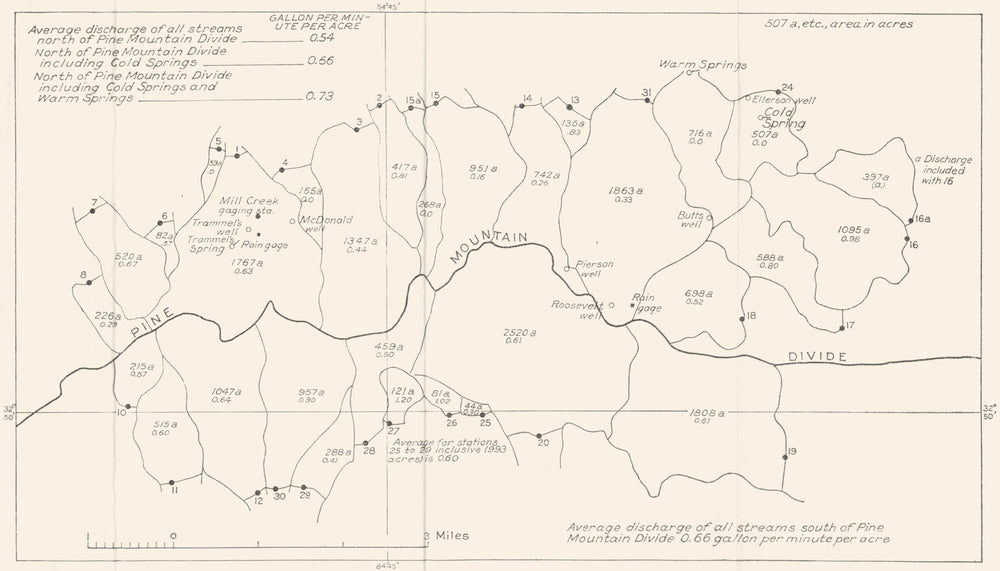 GEORGIA, US. Warm Springs; Pine Mountain drainage discharge March 1934 1935 map