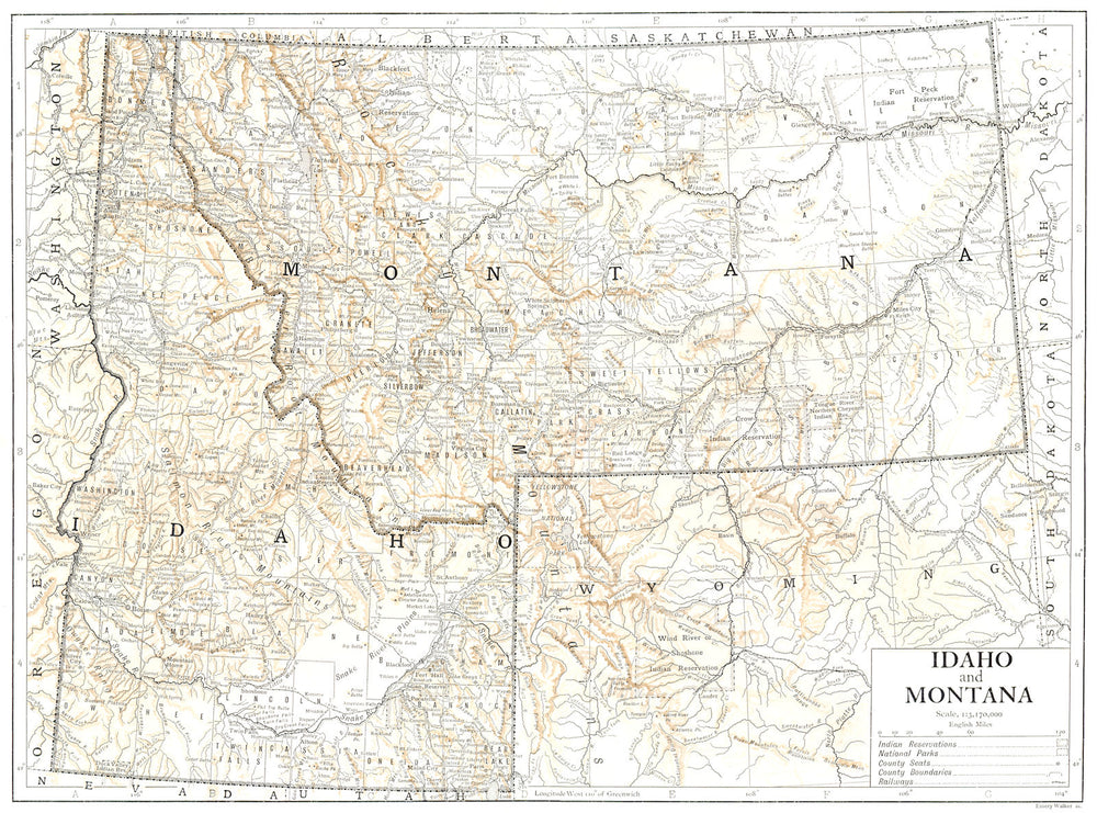 USA. Idaho and Montana ; state map 1910 old antique vintage plan chart