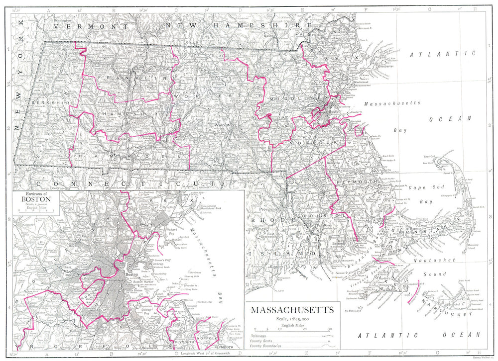 MASSACHUSETTS. State map showing counties; Inset Environs of Boston 1910
