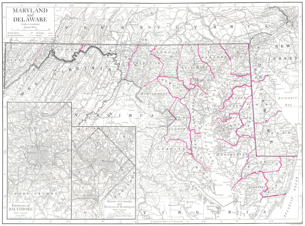 MARYLAND DELAWARE. State map. Counties; Inset Baltimore; Washington DC 1910