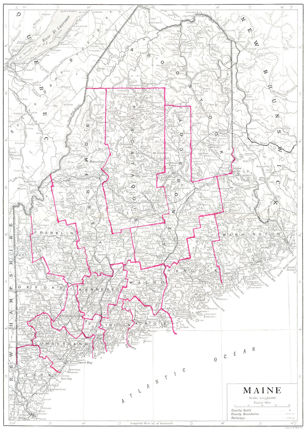 MAINE. State map showing counties 1910 old antique vintage plan chart