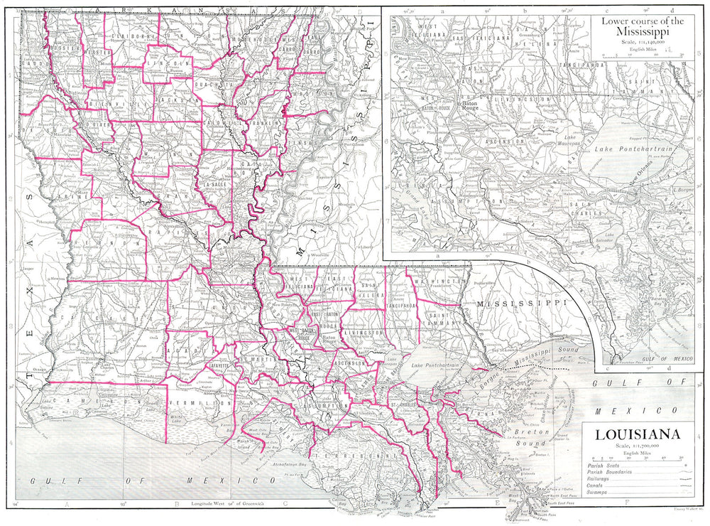 LOUISIANA. State map. Parishes;Inset map of Lower course of the Mississippi 1910