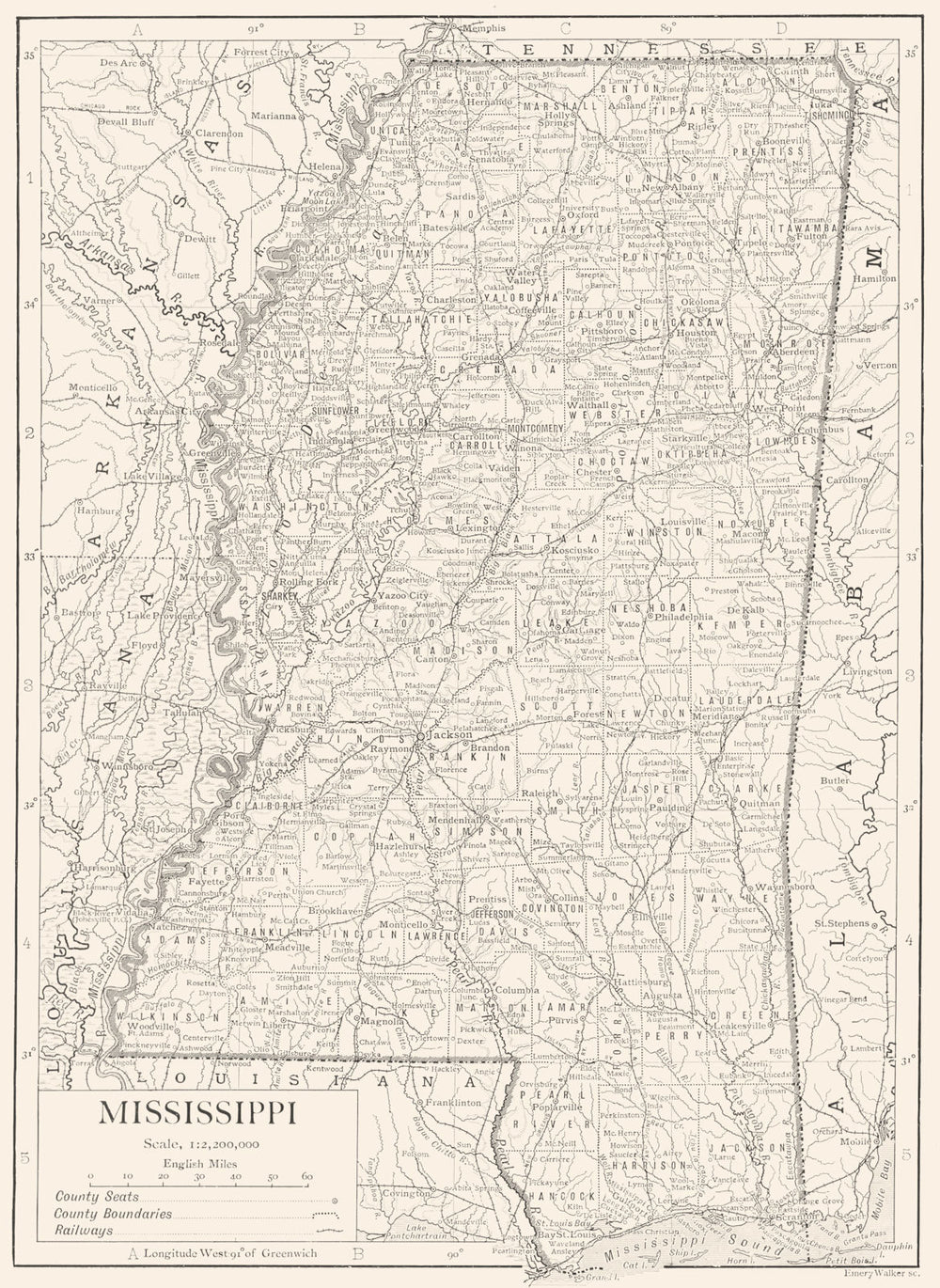 MISSISSIPPI. Mississippi state map showing counties 1910 old antique chart