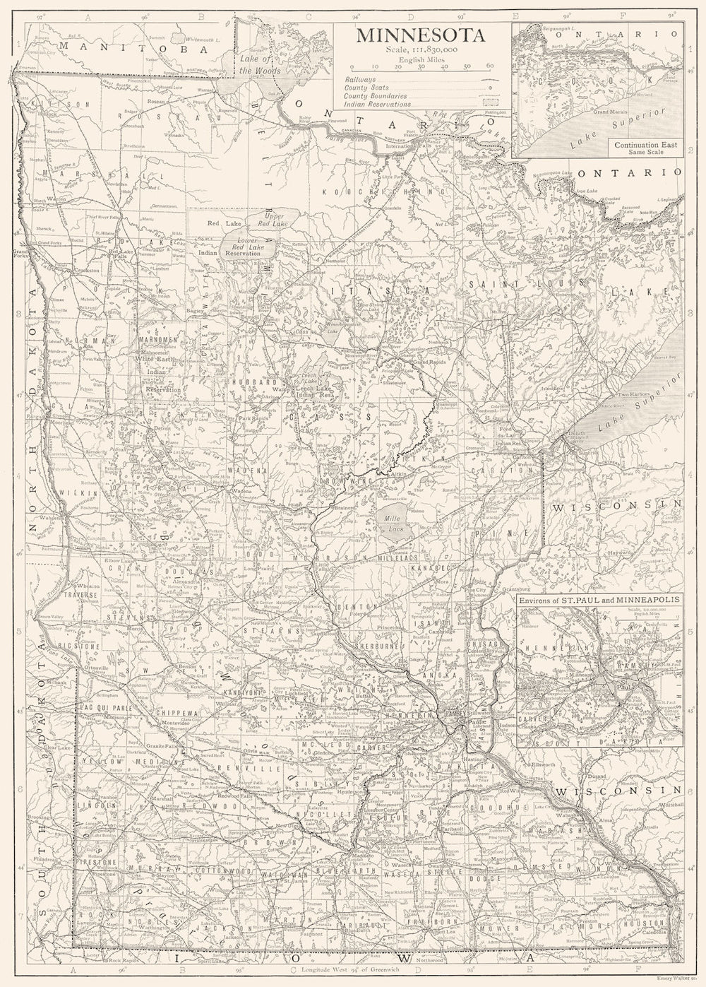 MINNESOTA. state map showing counties. Inset maps of St Paul & Minneapolis 1910