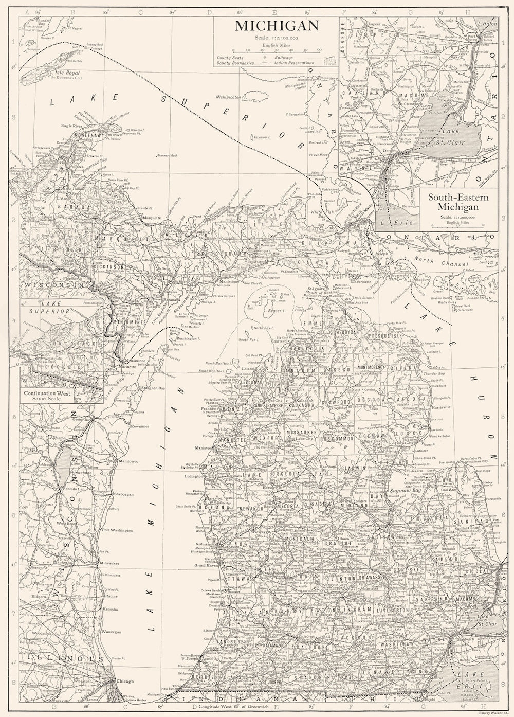 MICHIGAN. State map showing counties; Inset South-Eastern Michigan Detroit 1910