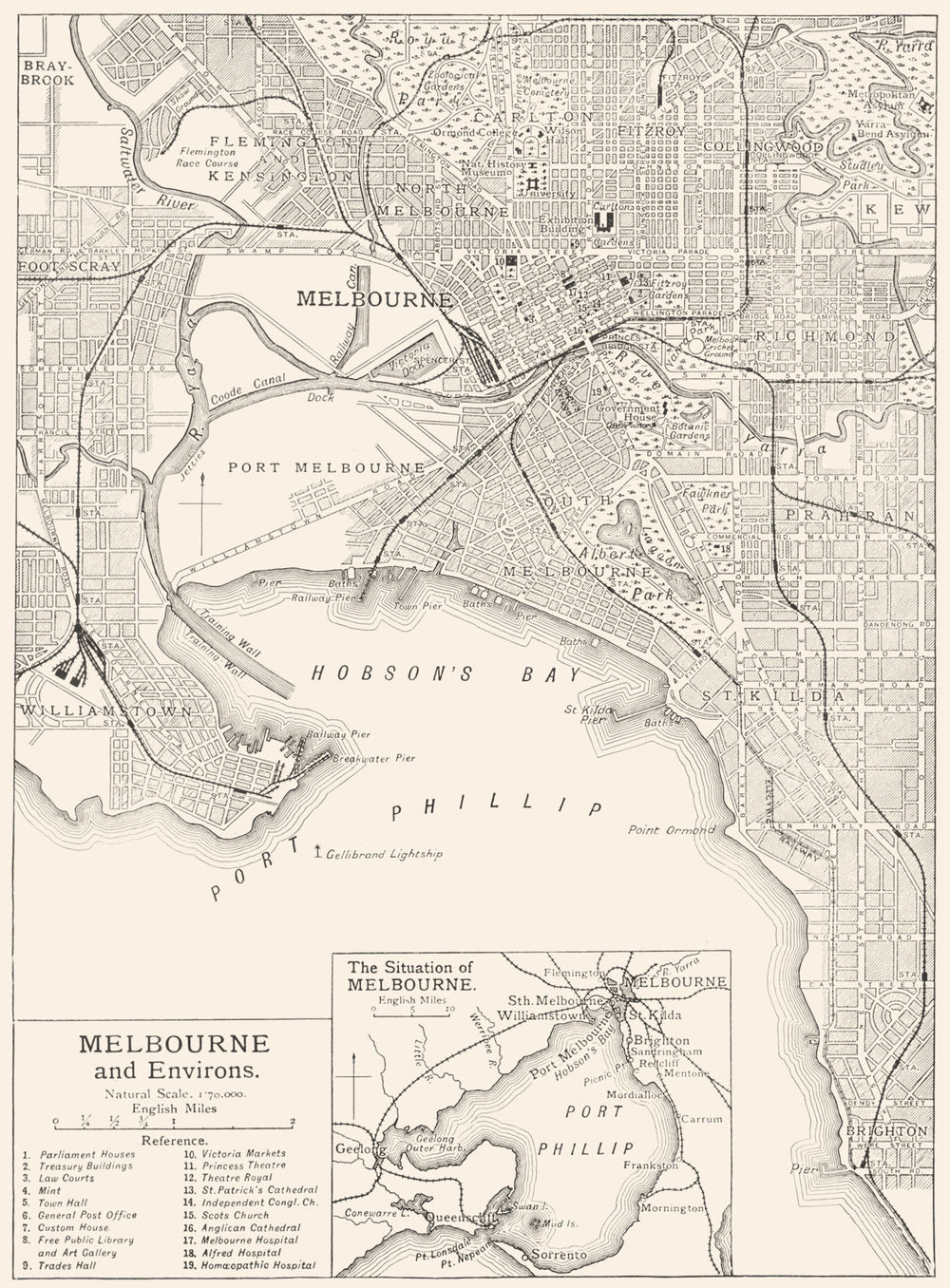 AUSTRALIA. Melbourne and Environs; Inset map of The Situation of Melbourne 1910