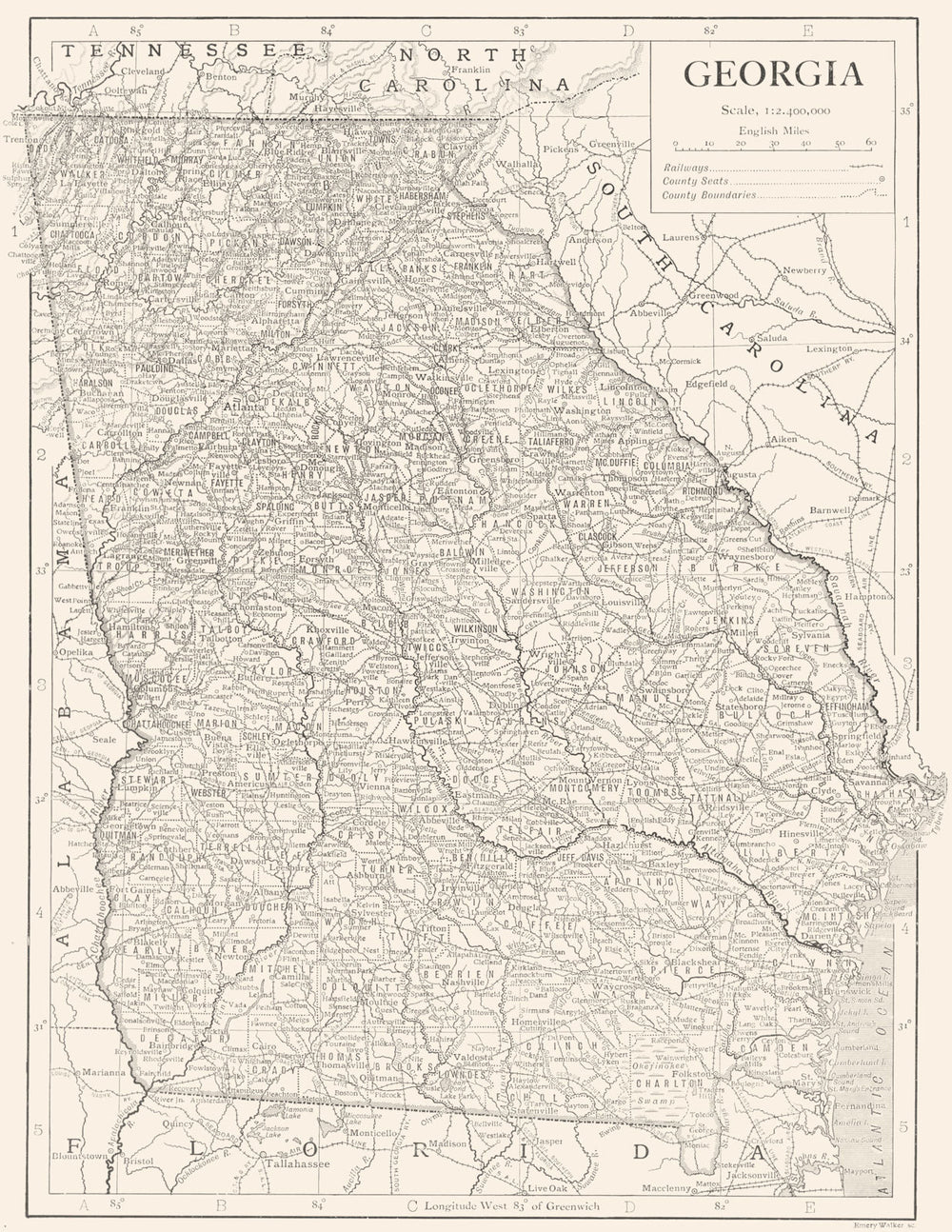 GEORGIA USA. State map showing counties 1910 old antique plan chart