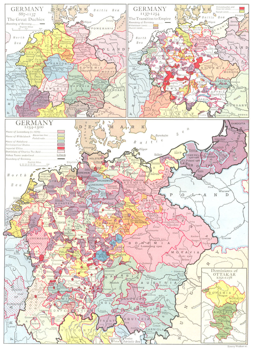 GERMANY.887-1137 Duchies;-1254 Empire;-1500;Dominions Ottakar 1251-1278 1910 map