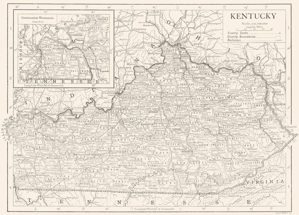 KENTUCKY. State map showing counties 1910 old antique vintage plan chart
