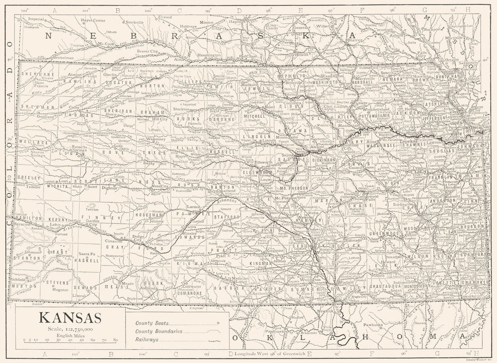 KANSAS. State map showing counties 1910 old antique vintage plan chart