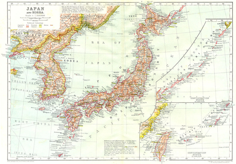 JAPAN & KOREA. Inset maps of Kuriles Chi shima; Riu-kiu Lu-Chui; Taiwan 1910