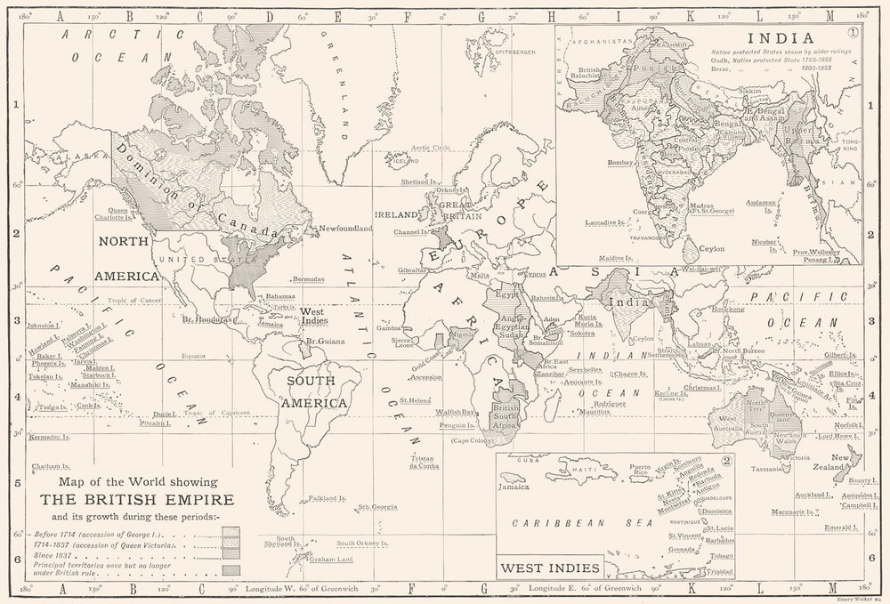 WORLD. Growth of the British Empire; Inset India; West Indies 1910 old map