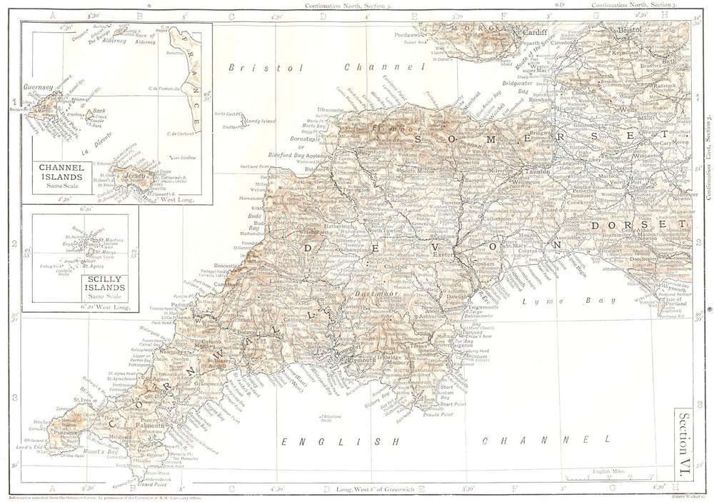 SOUTH WEST ENGLAND. Devon Cornwall Somerset; Channel,  Scilly Islands 1910 map