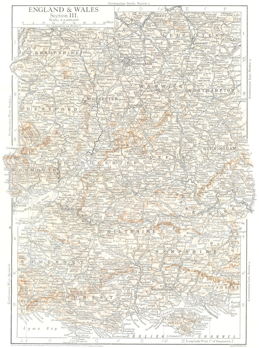 SOUTH CENTRAL ENGLAND. Dorset Wilts Hants Oxon Bucks Glos Warcs Leics 1910 map