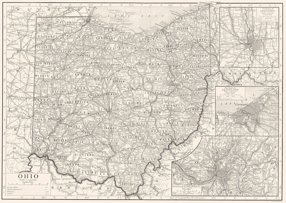 OHIO. State map showing counties; Inset Columbus Cleveland Cincinnati 1910