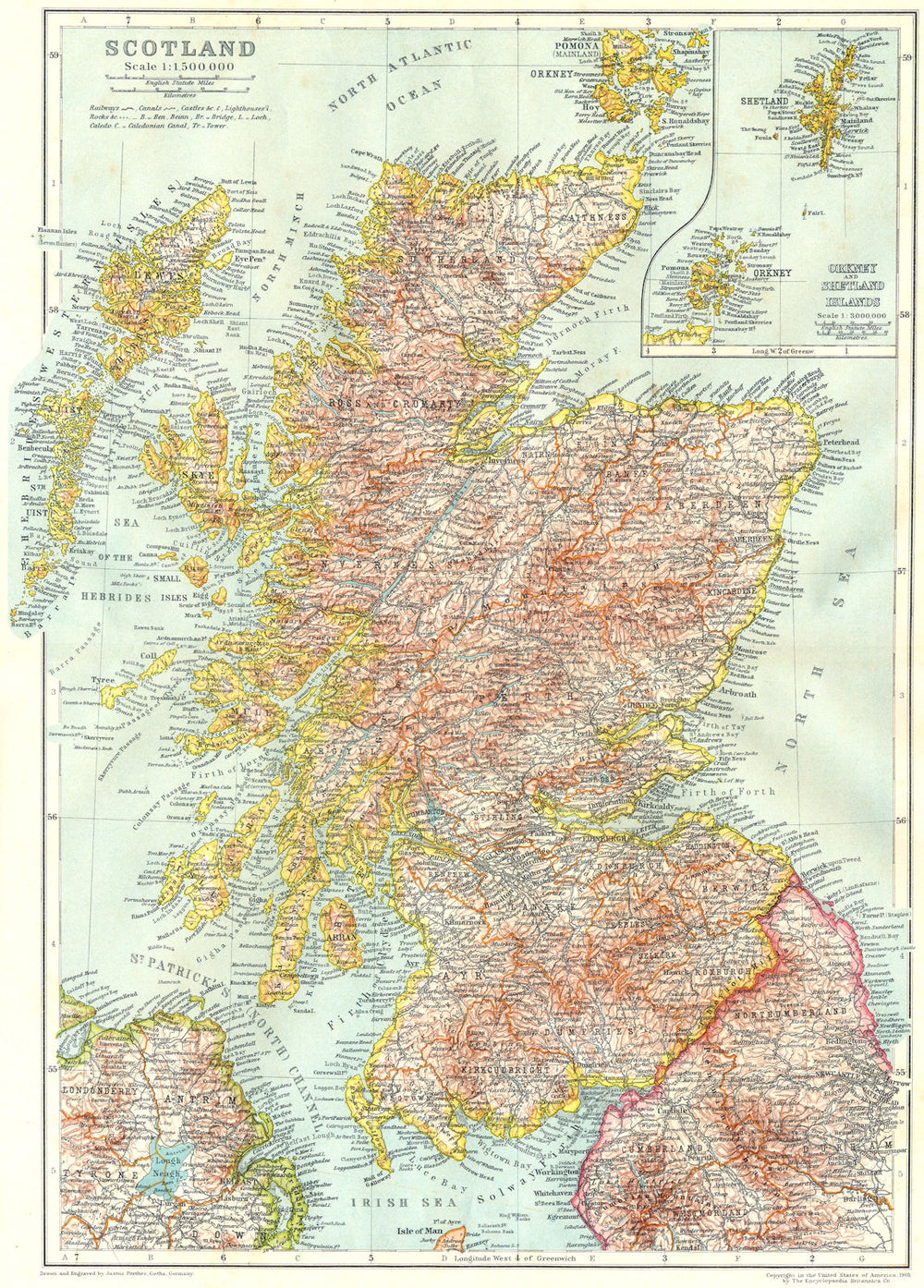 SCOTLAND. Scotland; Inset maps of Orkney and Shetland Islands 1910 old