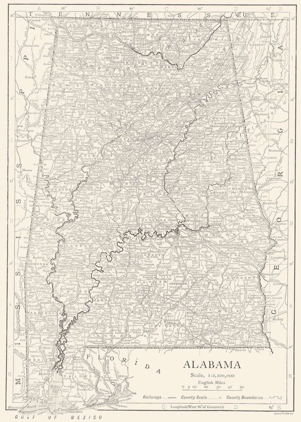 ALABAMA. Alabama state map showing counties 1910 old antique plan chart