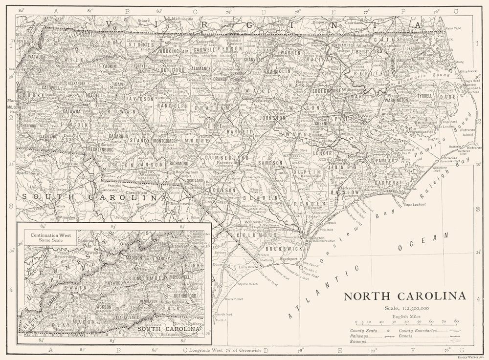 NORTH CAROLINA. North Carolina state map showing counties 1910 old antique