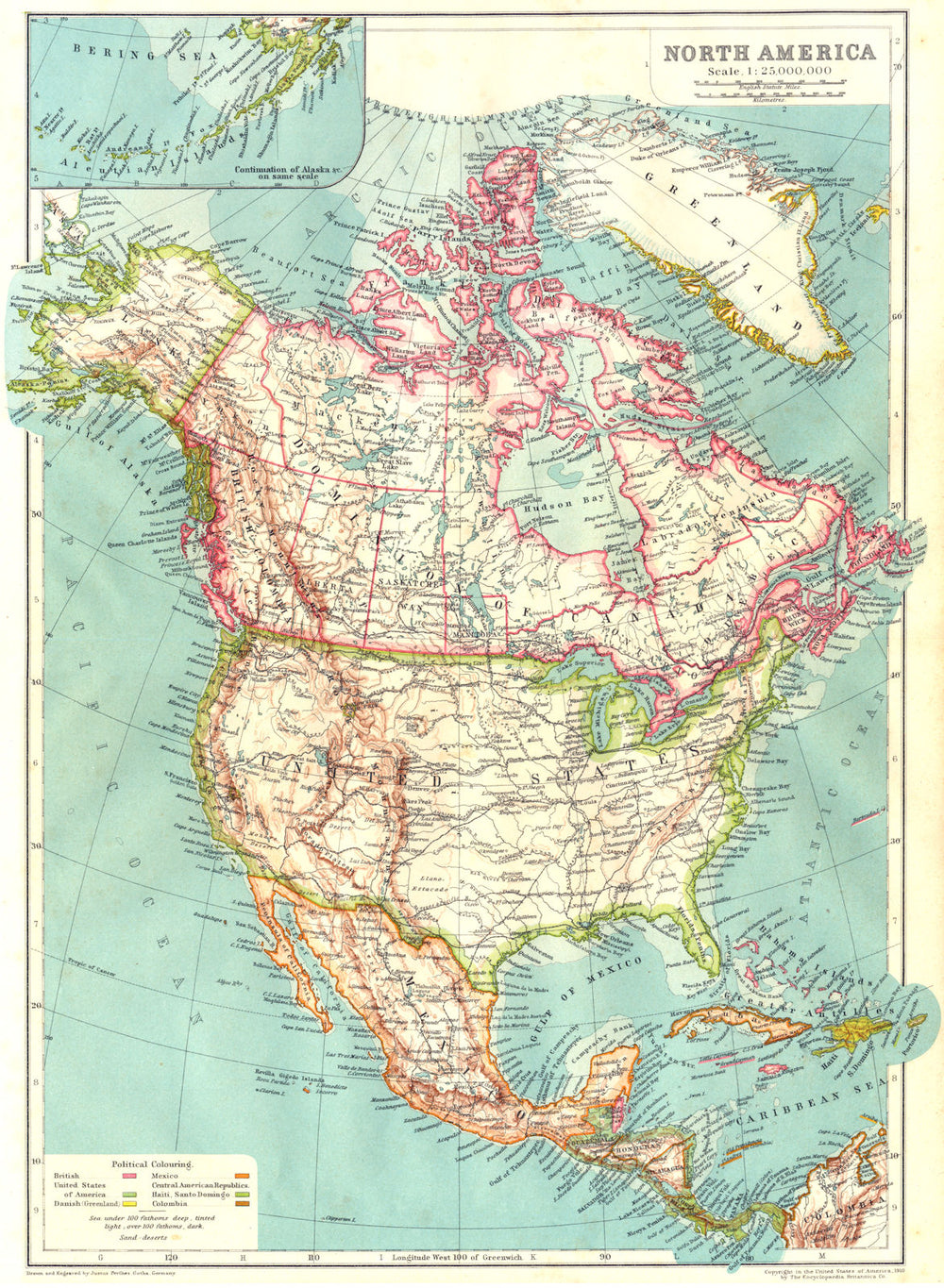 NORTH AMERICA. USA Mexico Canada West Indies Central America 1910 old map