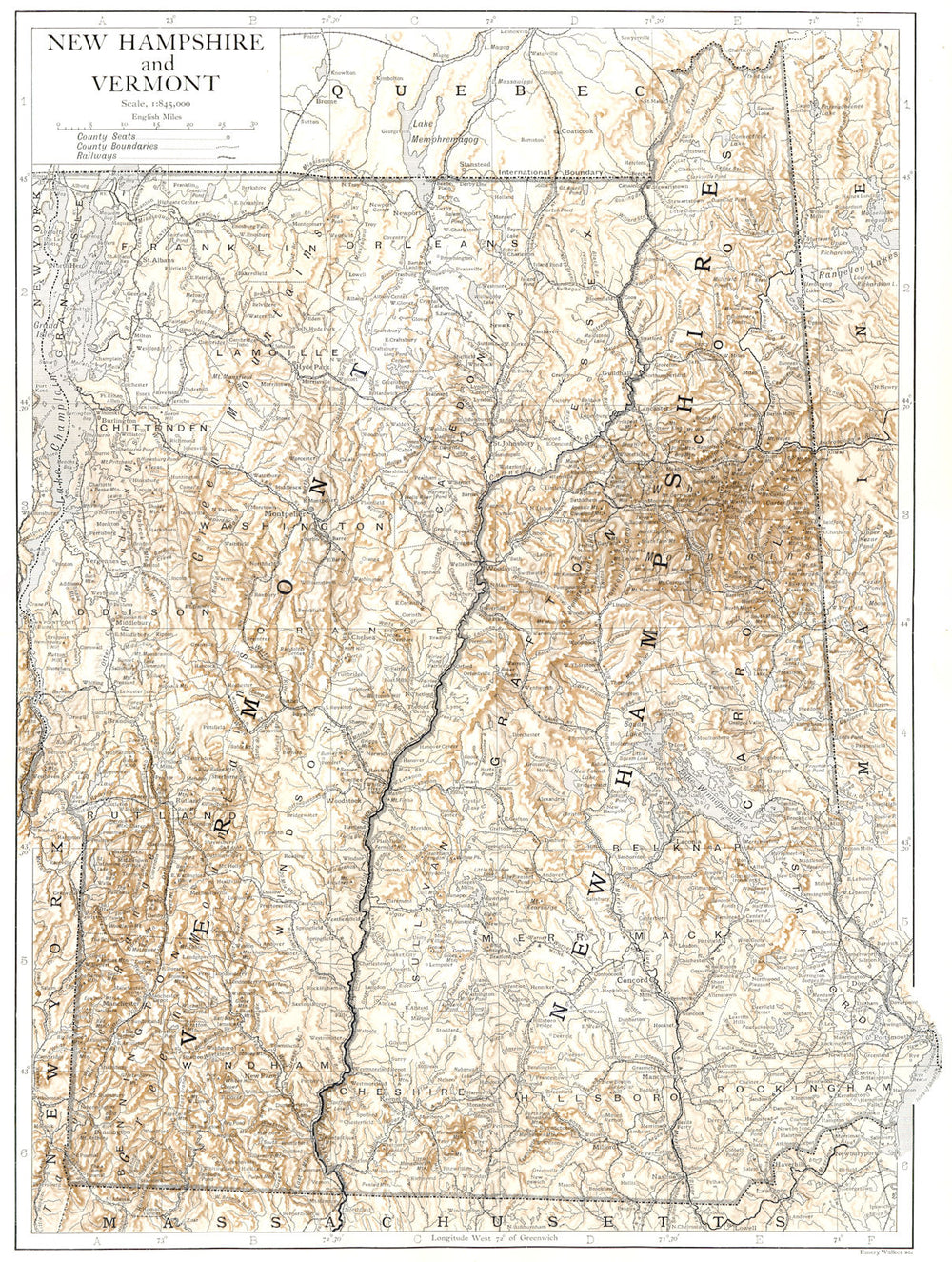 New Hampshire and Vermont. state map showing counties 1910 old antique