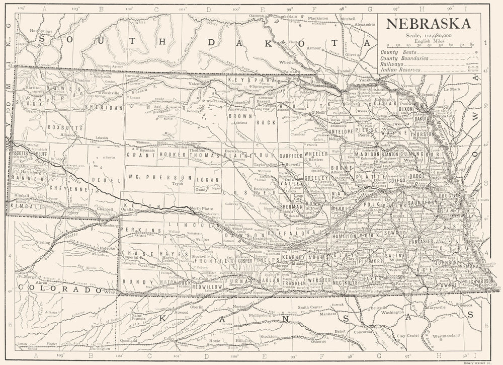 NEBRASKA. Nebraska state map showing counties 1910 old antique plan chart