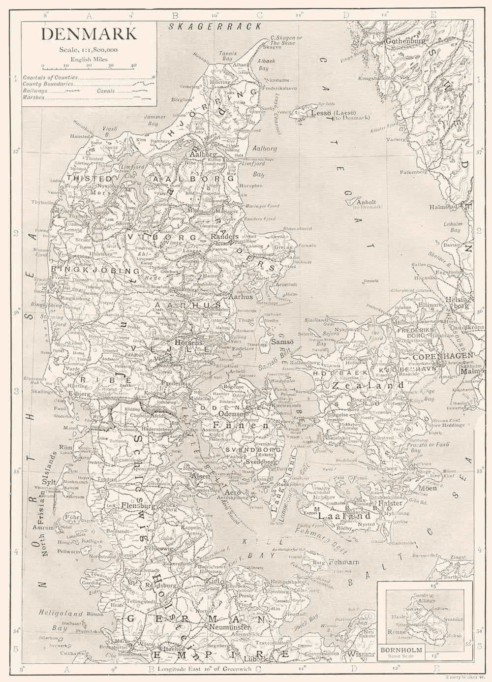 DENMARK. Denmark; Inset map of Bornholm 1910 old antique plan chart
