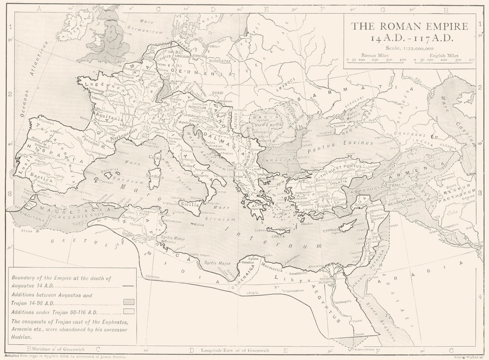 EUROPE. The Roman Empire 14AD-117AD 1910 old antique vintage map plan chart