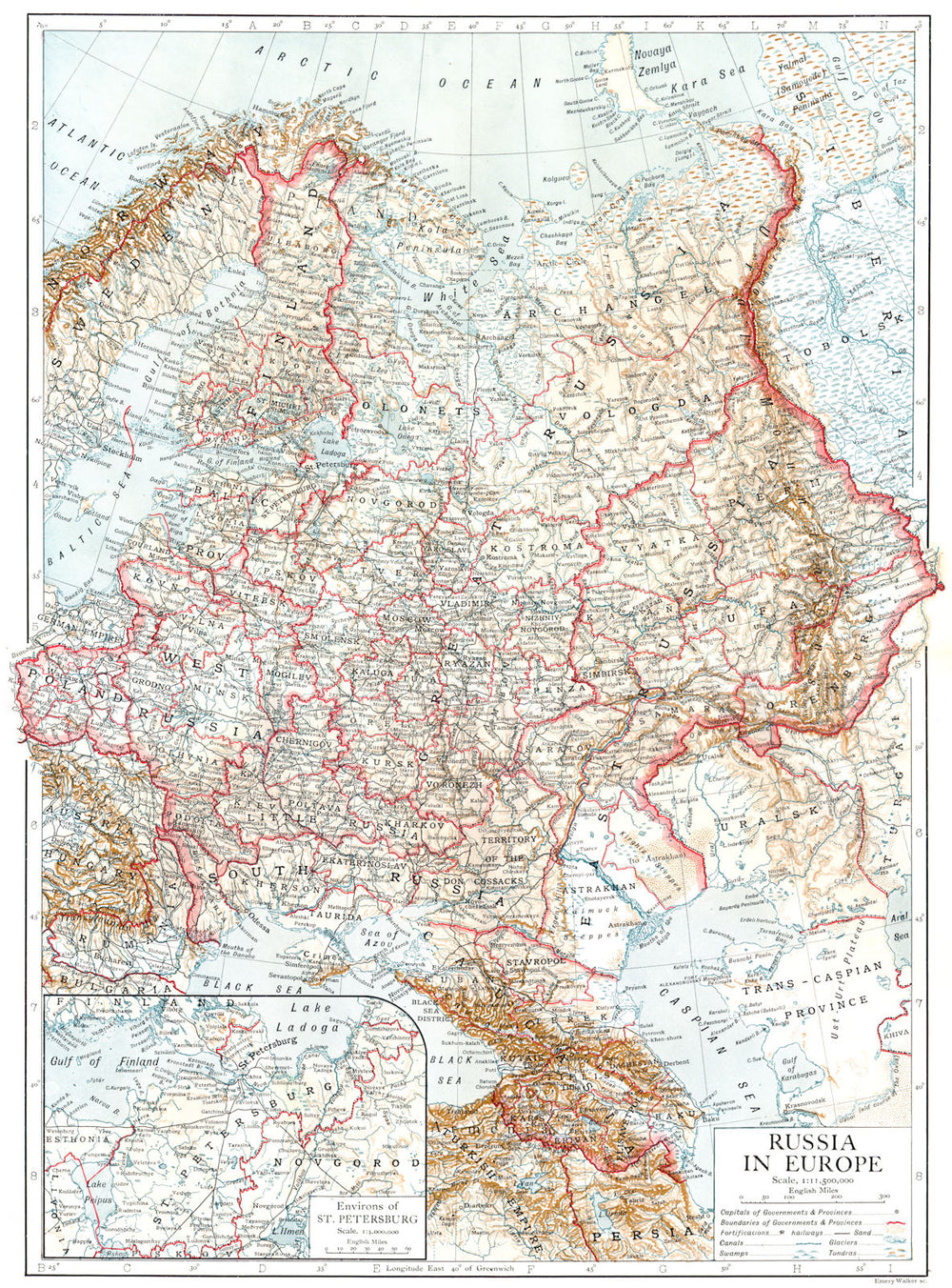RUSSIA. Russia in Europe; Inset Environs of St Petersburg 1910 old antique map