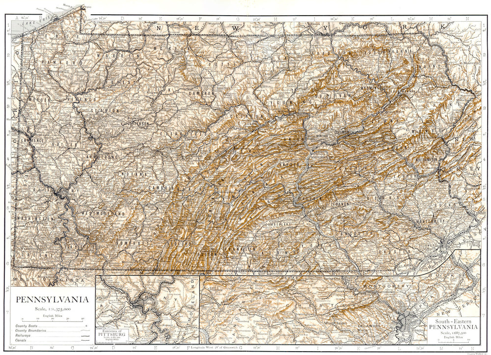 PENNSYLVANIA. State map showing counties; Inset Pittsburg 1910 old antique