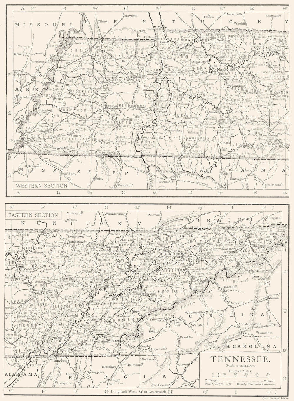 TENNESSEE. Tennessee state map showing counties 1910 old antique chart