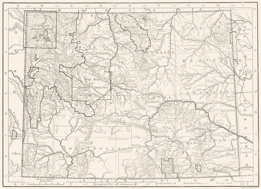 WYOMING. Wyoming state map 1910 old antique vintage plan chart