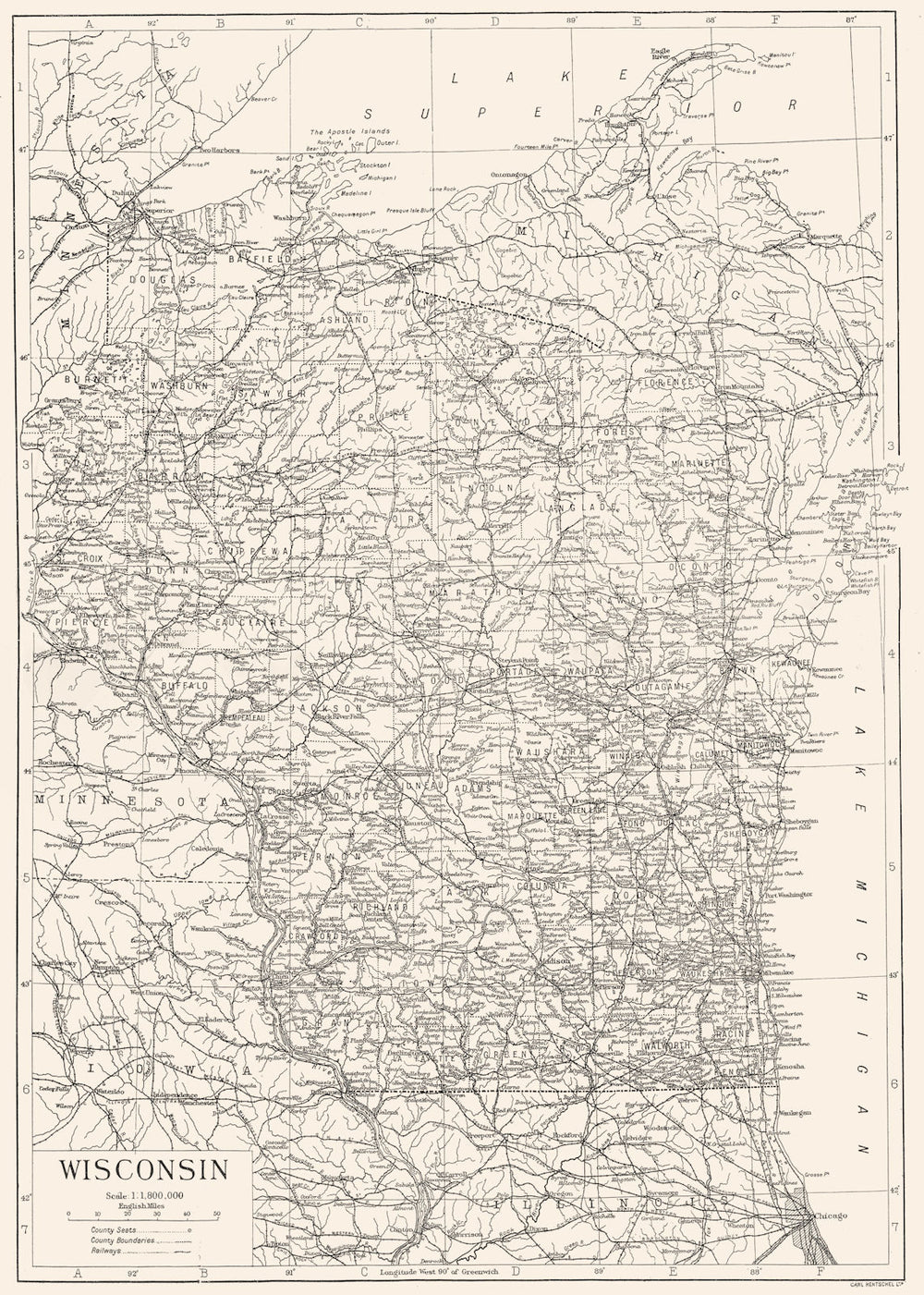 WISCONSIN. Wisconsin state map showing counties 1910 old antique chart