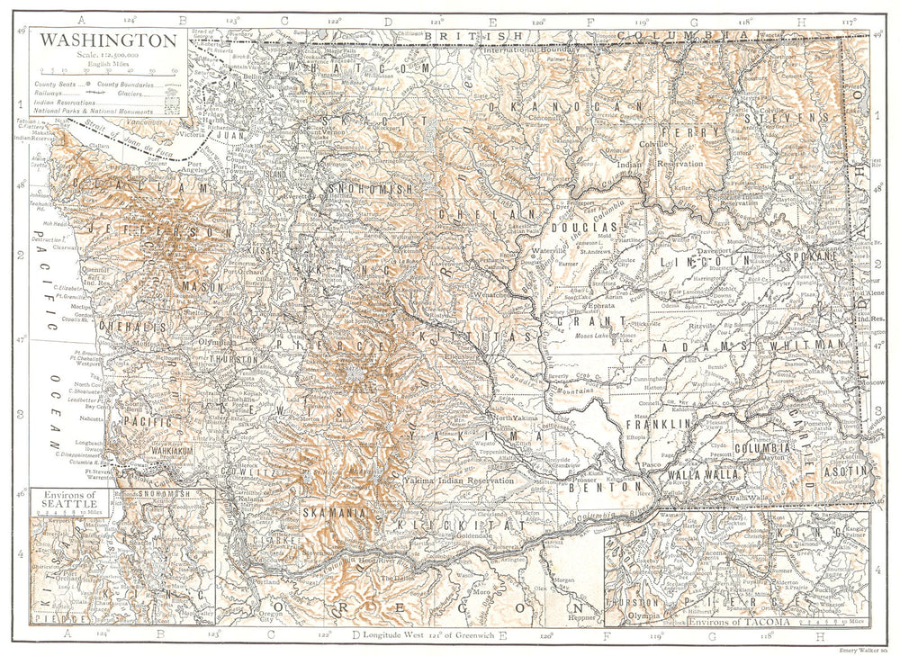 WASHINGTON STATE. State map showing counties. Inset Seattle; Tacoma 1910