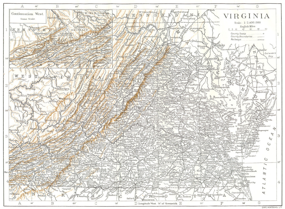 VIRGINIA. Virginia state map showing counties 1910 old antique plan chart