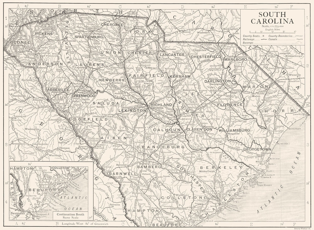 SOUTH CAROLINA. South Carolina state map showing counties 1910 old antique