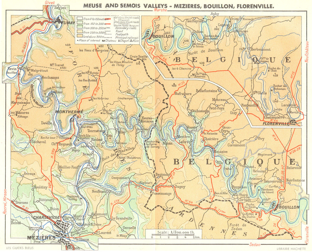 BELGIUM. Meuse Semois valleys-Mezieres, Bouillon, Florenville; map Belgique 1950