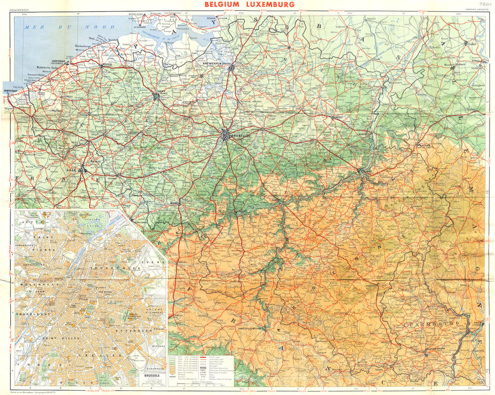 BELGIUM. Belgium Luxemburg; Inset map of Brussels 1950 old vintage chart