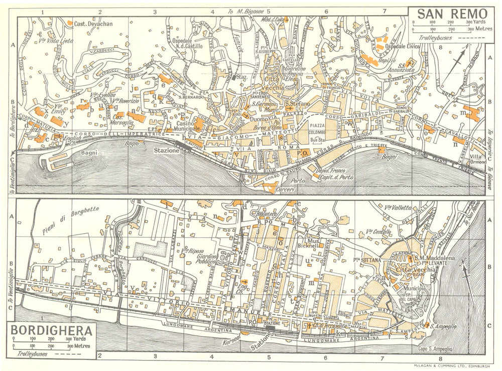 SAN REMO; BORDIGHERA town/city plan. Italy 1960 old vintage map chart