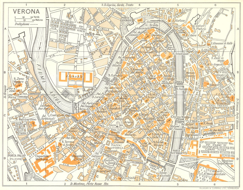 VERONA town/city plan. Italy 1960 old vintage map chart