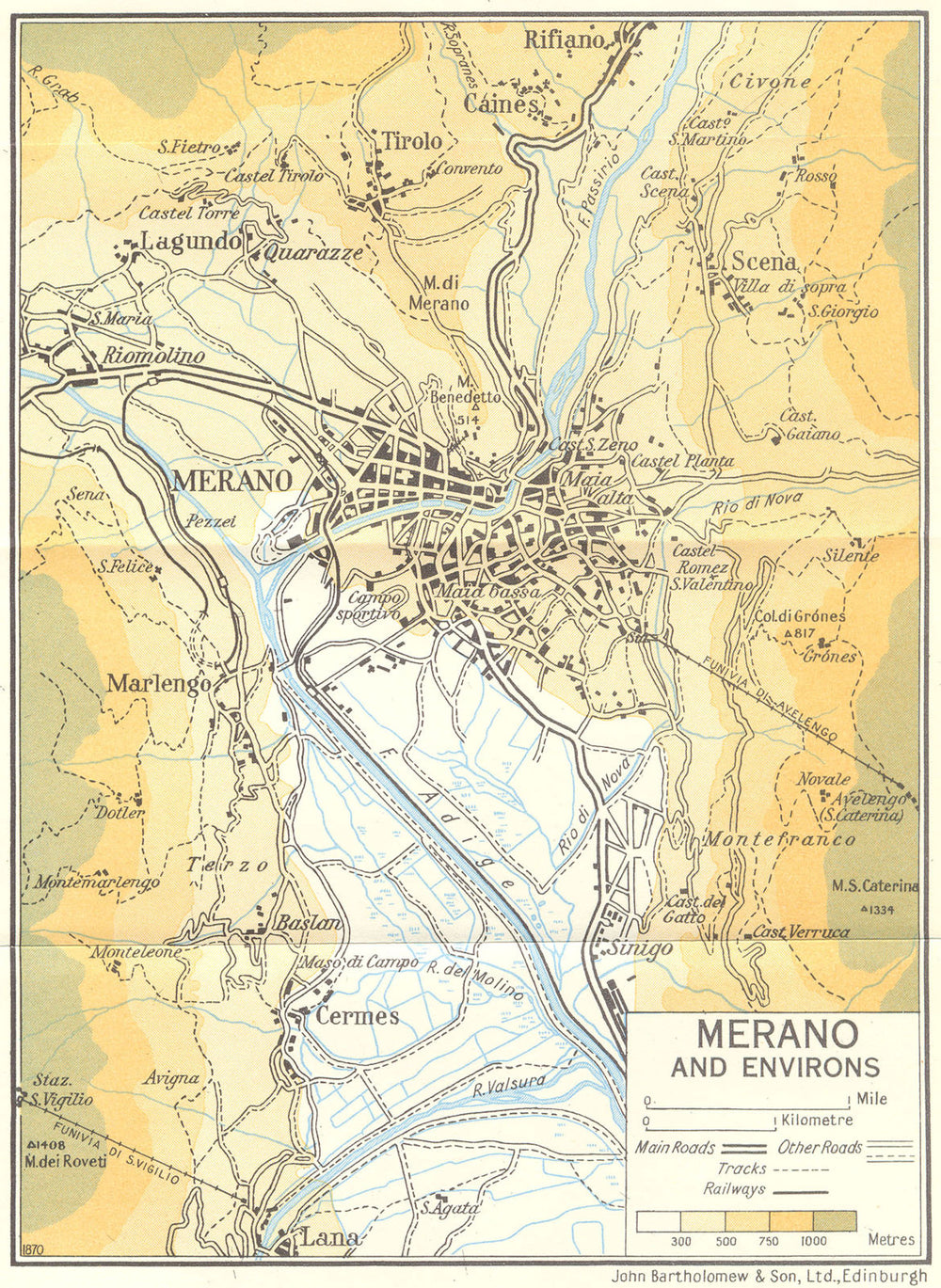 Merano and Environs   1960 old vintage map plan chart