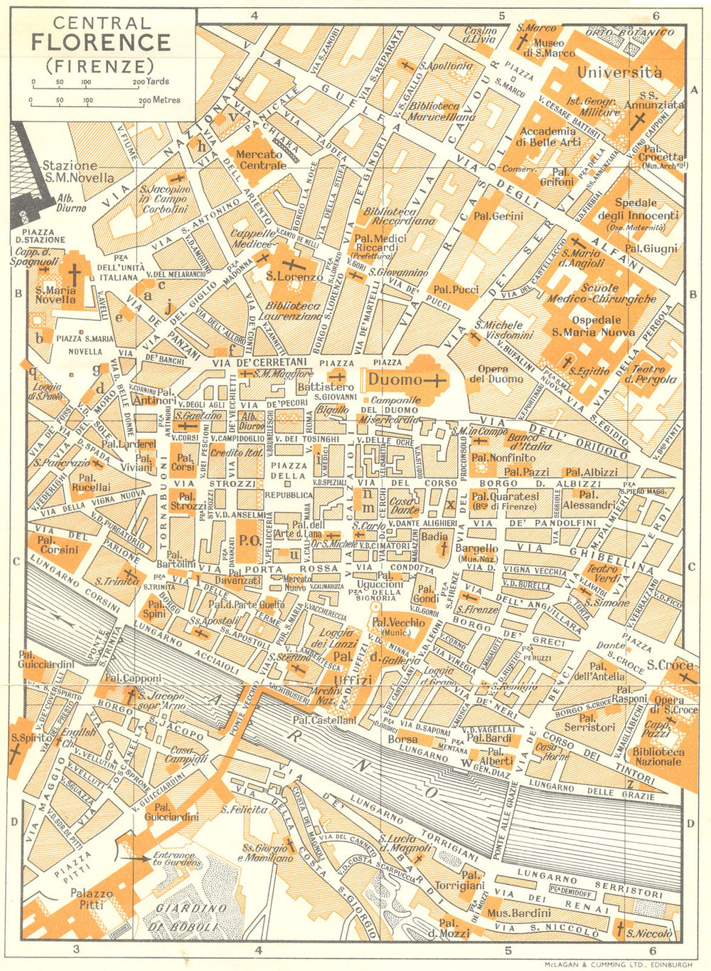 CENTRAL FLORENCE   town/city plan. Firenze. Italy 1960 old vintage map chart