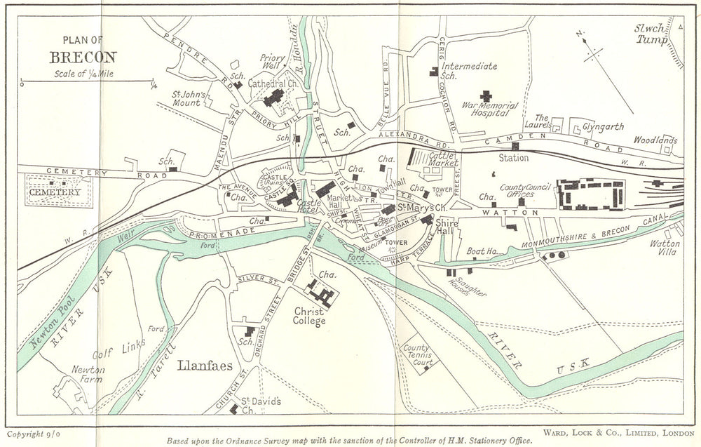 BRECON vintage town/city plan. Wales. WARD LOCK 1950 old vintage map chart