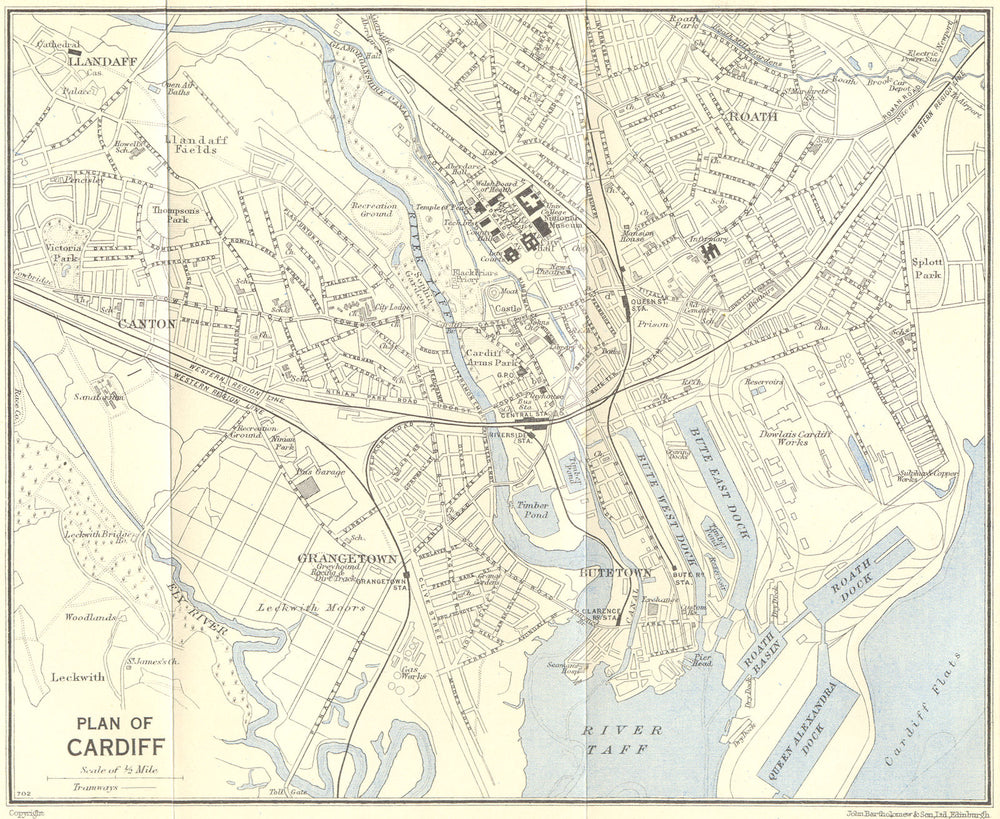 CARDIFF vintage town/city plan. Wales. WARD LOCK 1950 old vintage map chart