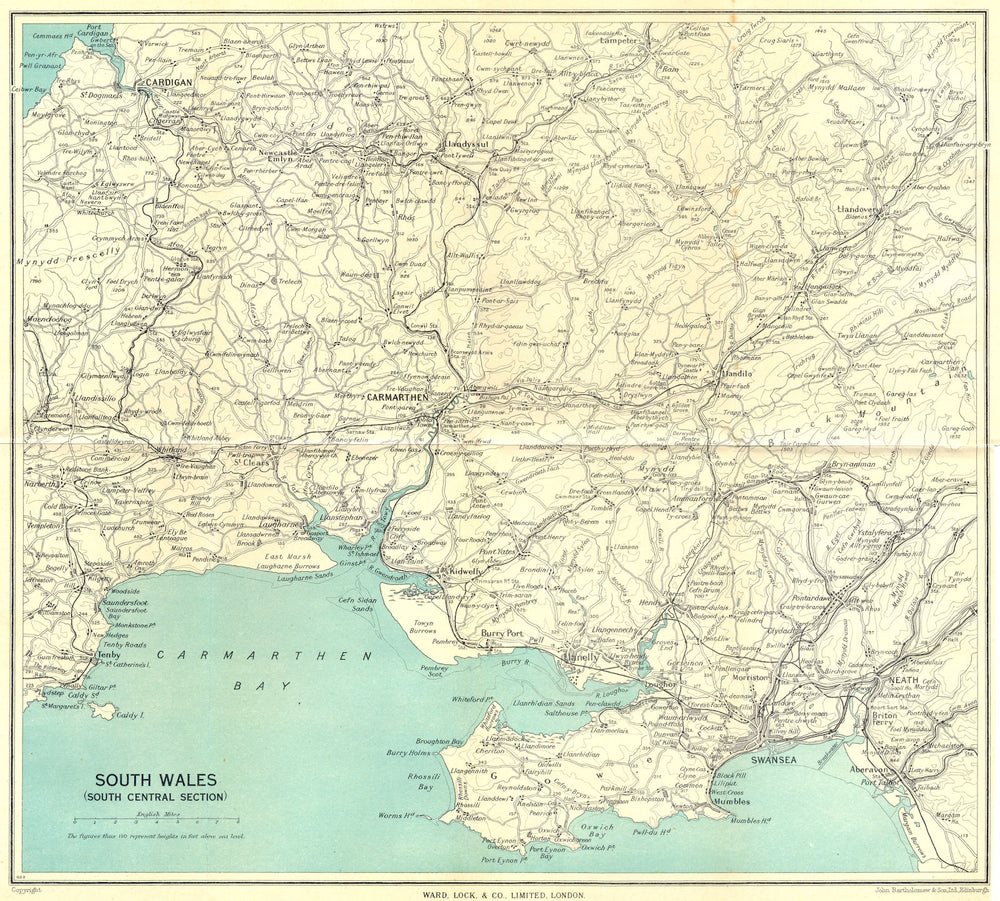 SOUTH WALES Cardigan Swansea Neath Carmarthen Llanelli Tenby. WARD LOCK 1950 map